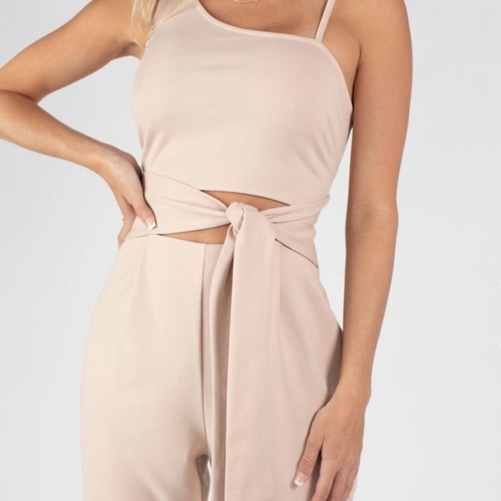 Kittenish Beige Jumpsuit with Chic Knot
